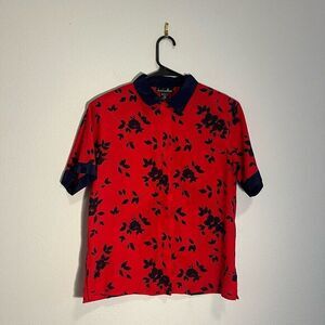 Red and Navy Blue Floral Collared Short Sleeve‎ Blouse Funky Festival Top Size 8